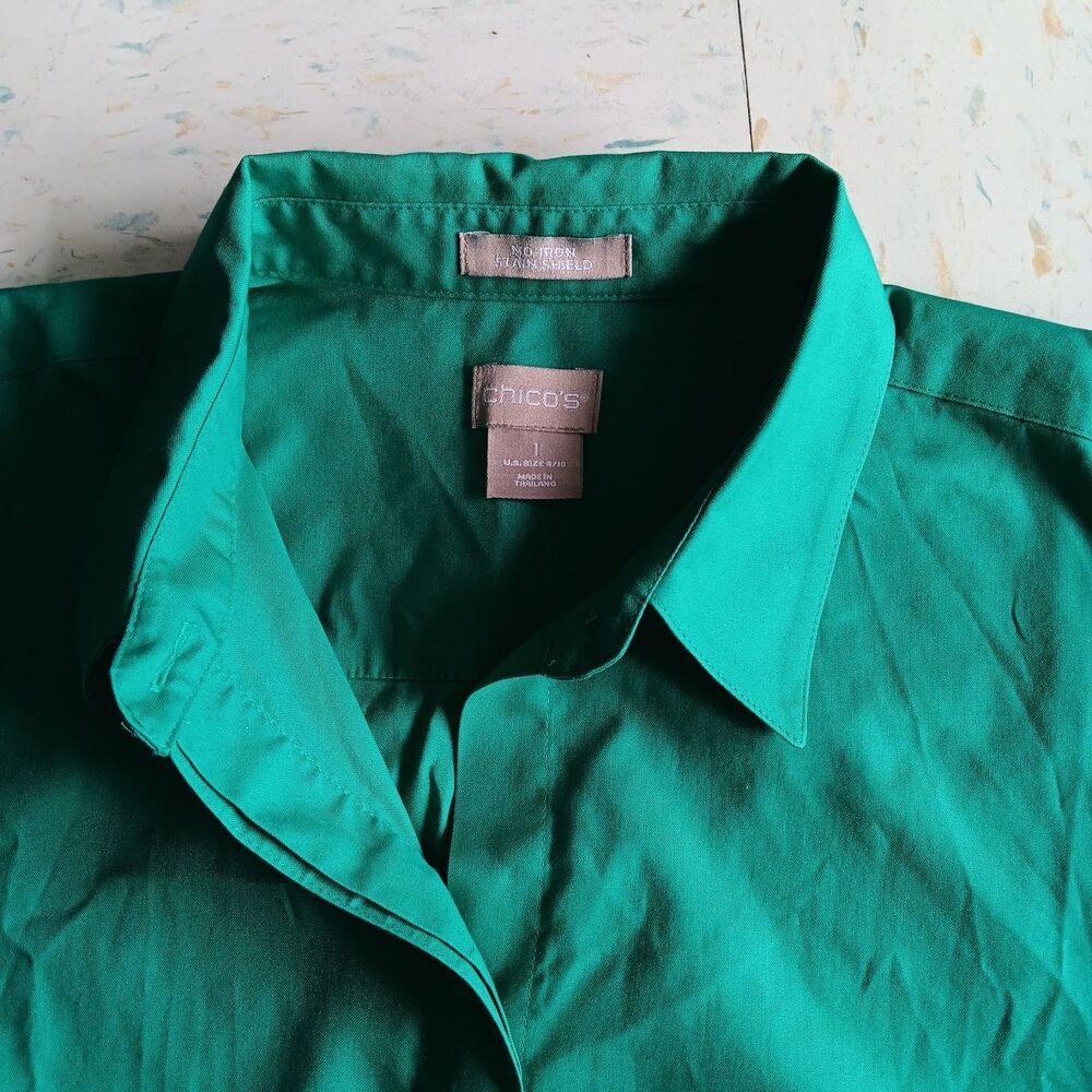 Chicos No Iron Button Down Shirt S Green Blouse 100% Cotton Minimalist Career - Picture 3 of 4